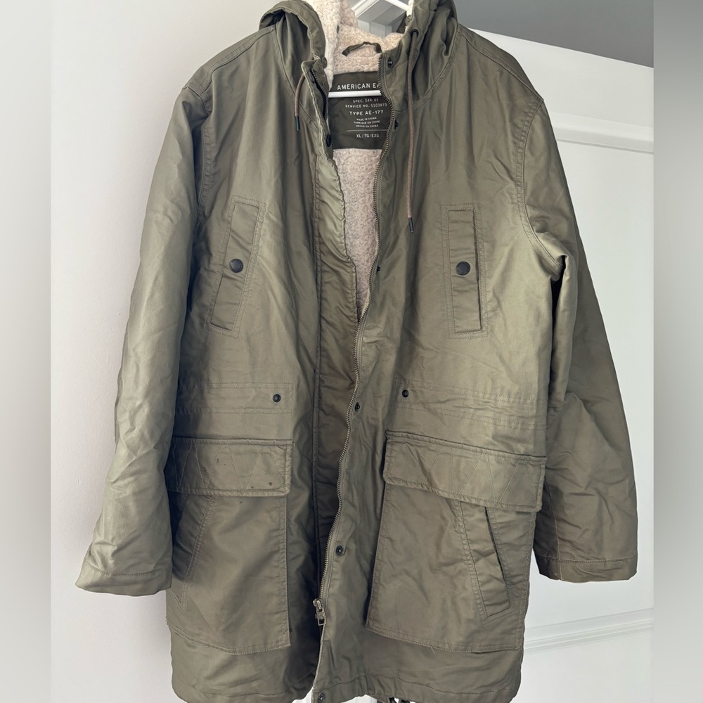American Eagle Outfitters Green Raincoat with Sherpa lining